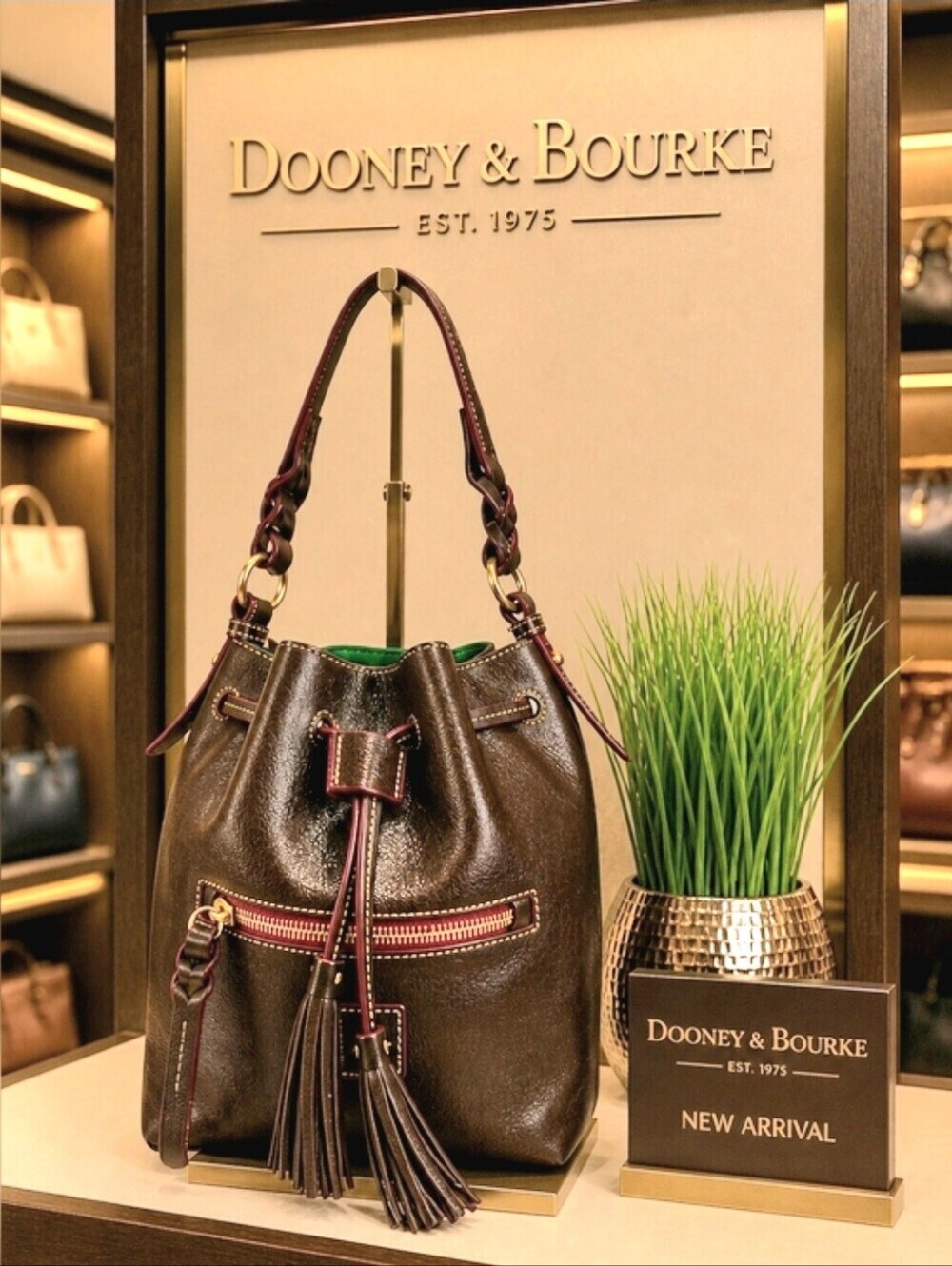 Dooney & Bourke Tmoro Vintage Dark Brown Leather Drawstring Bucket Shoulder Bag